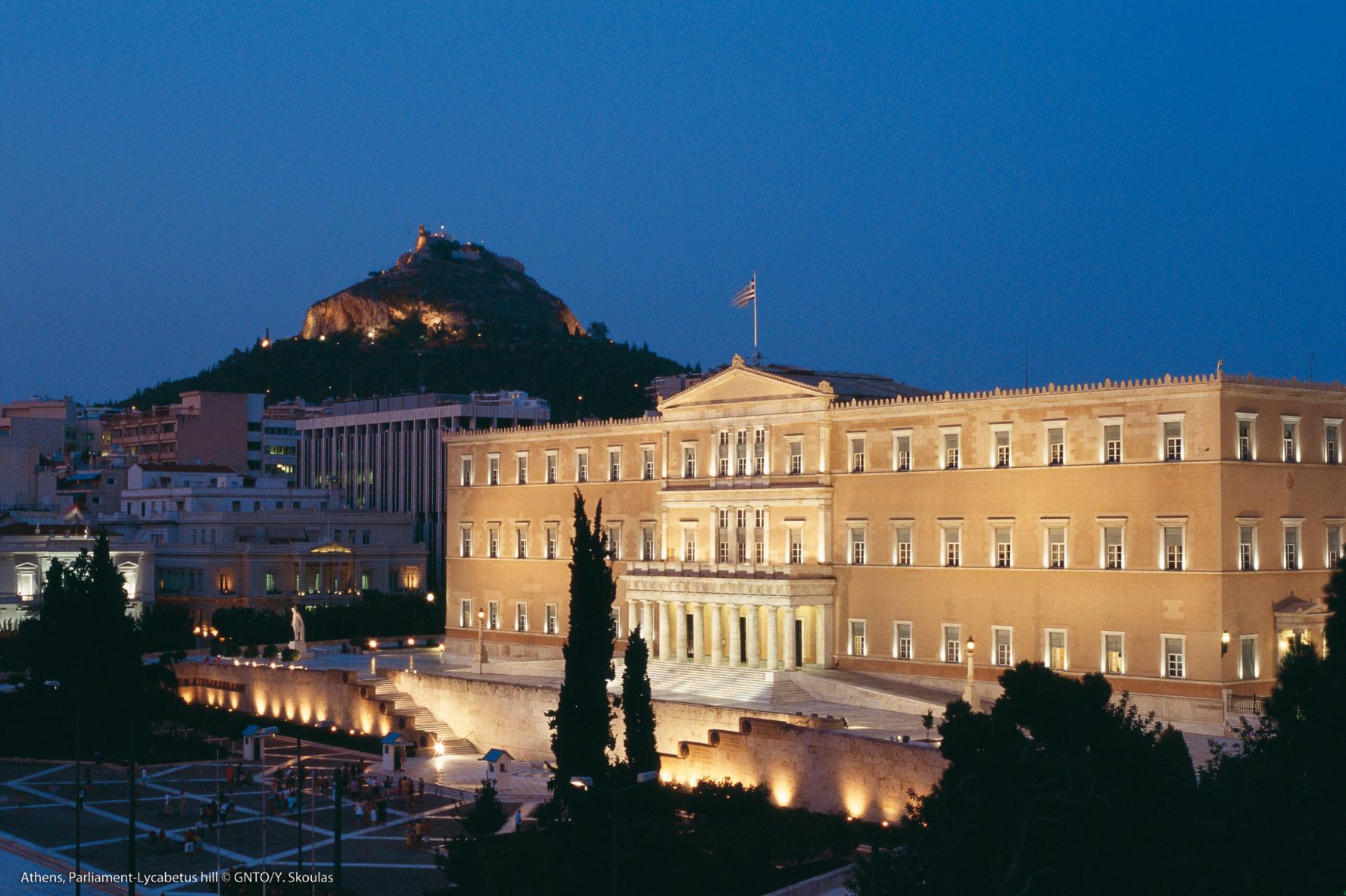 Greek Parliament at night, Syntagma square Athens