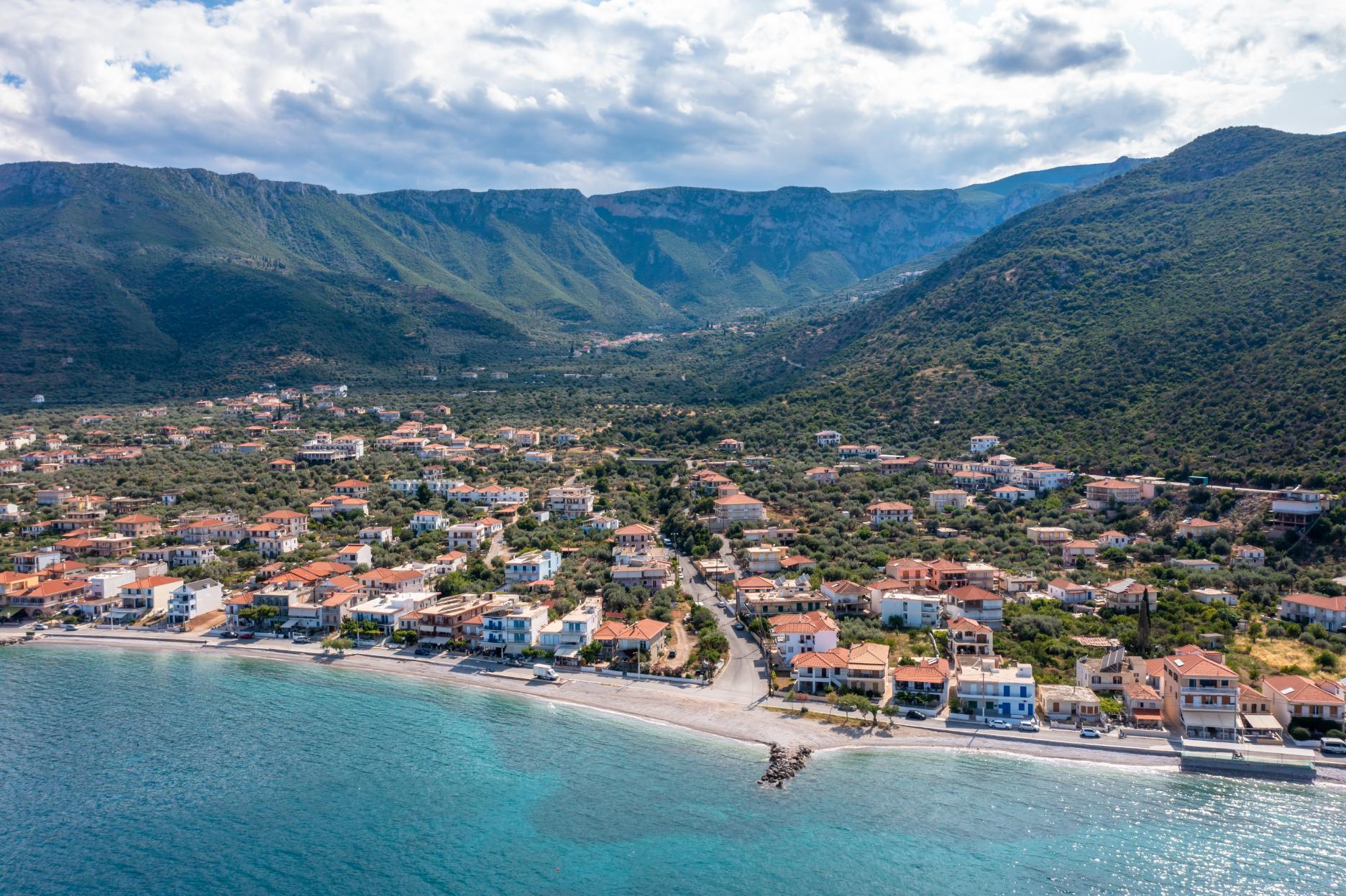 Leonidio coastline aerial view Arcadia Peloponnese Greece beach village