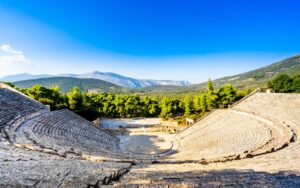 Ancient Theatre of Epidaurus in the Peloponnese, Greece, surrounded by green hills