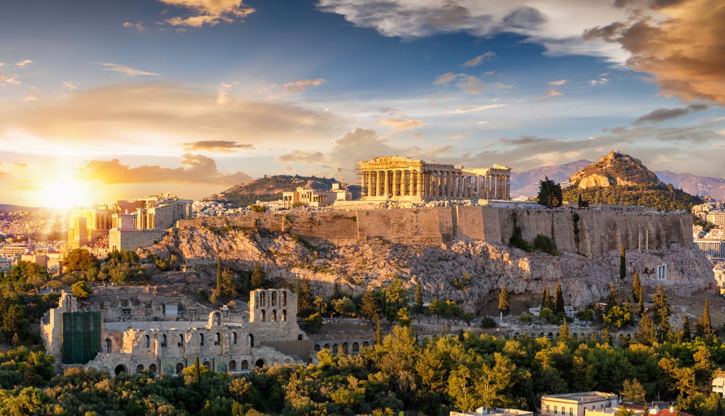 Acropolis and Parthenon at sunset overlooking Athens, Greece