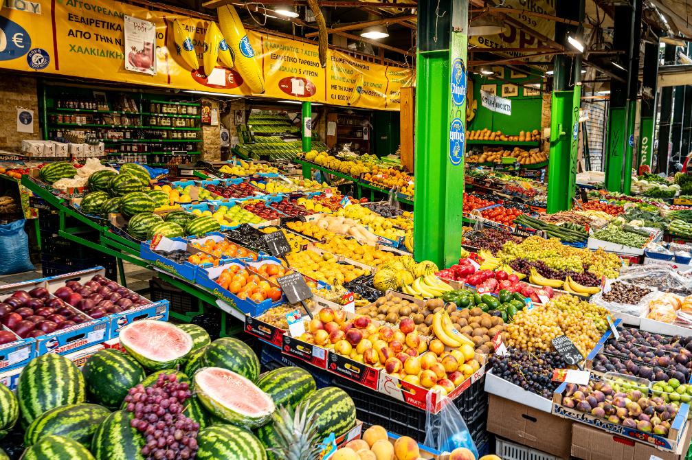 Colorful fruit and vegetable stalls in Greece