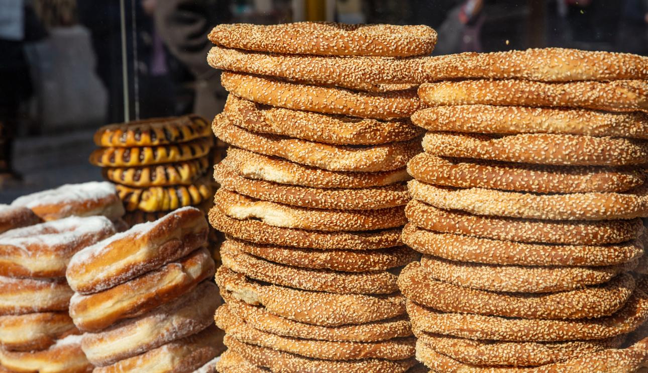 Traditional Greek koulouri sesame bread sold at a street bakery in Greece