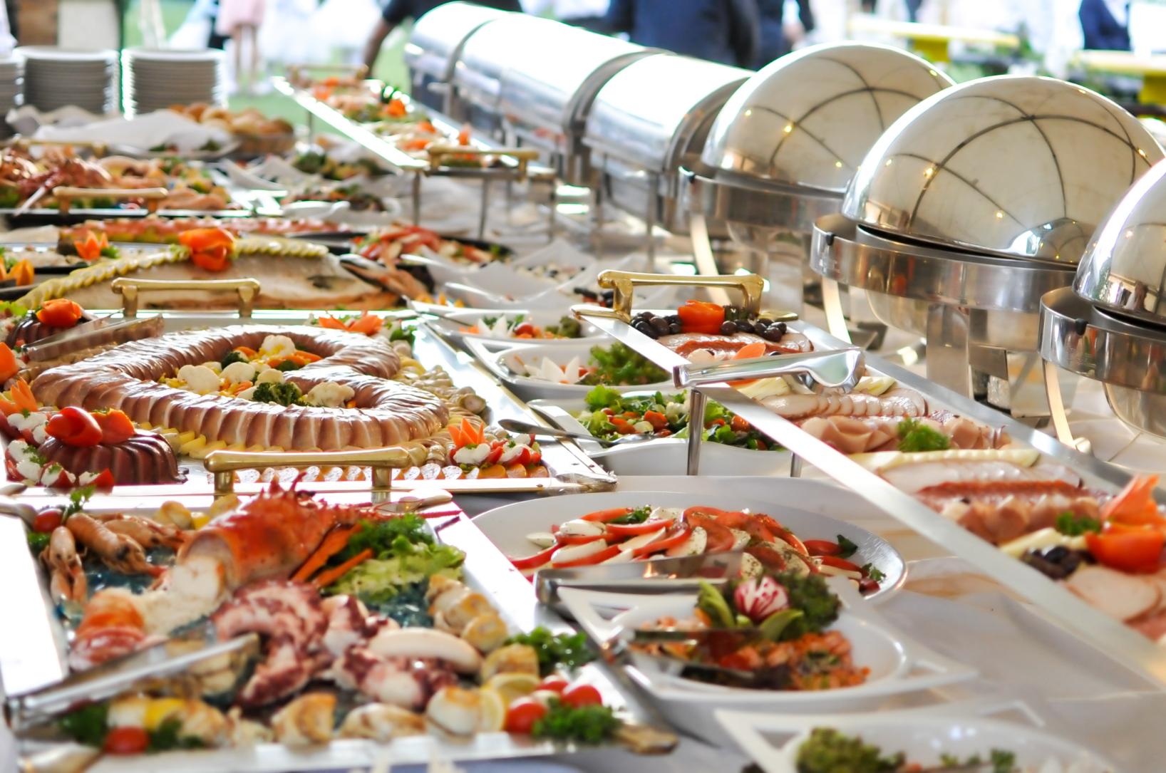 Luxury hotel buffet with gourmet seafood dishes and Mediterranean cuisine