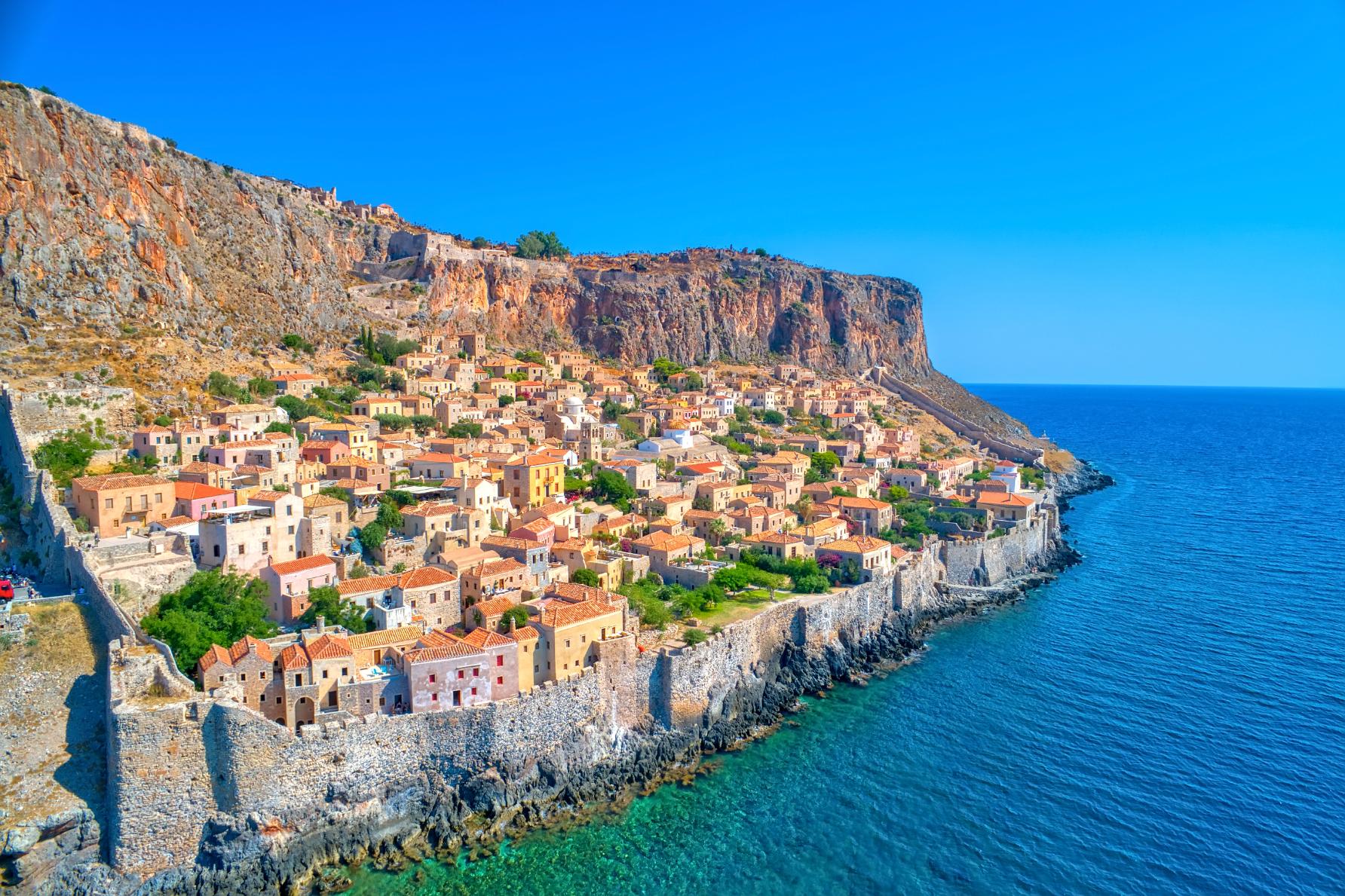 Aerial view of Monemvasia castle town Peloponnese Greece coastline