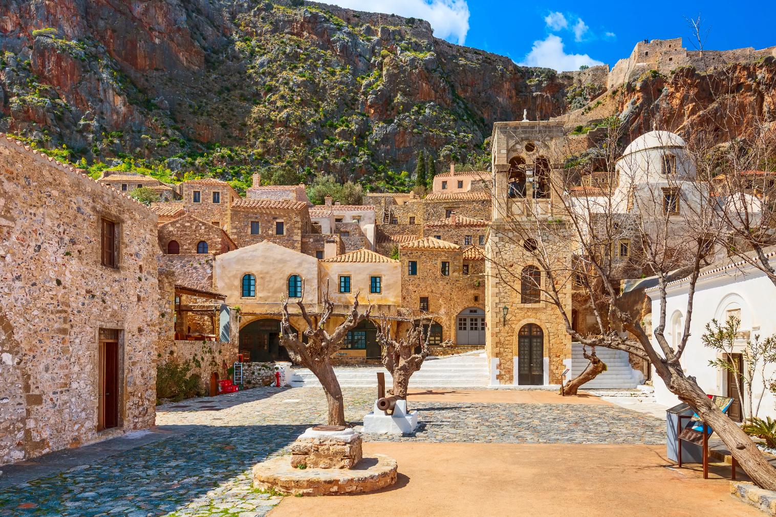 Monemvasia old town stone houses and church Peloponnese Greece