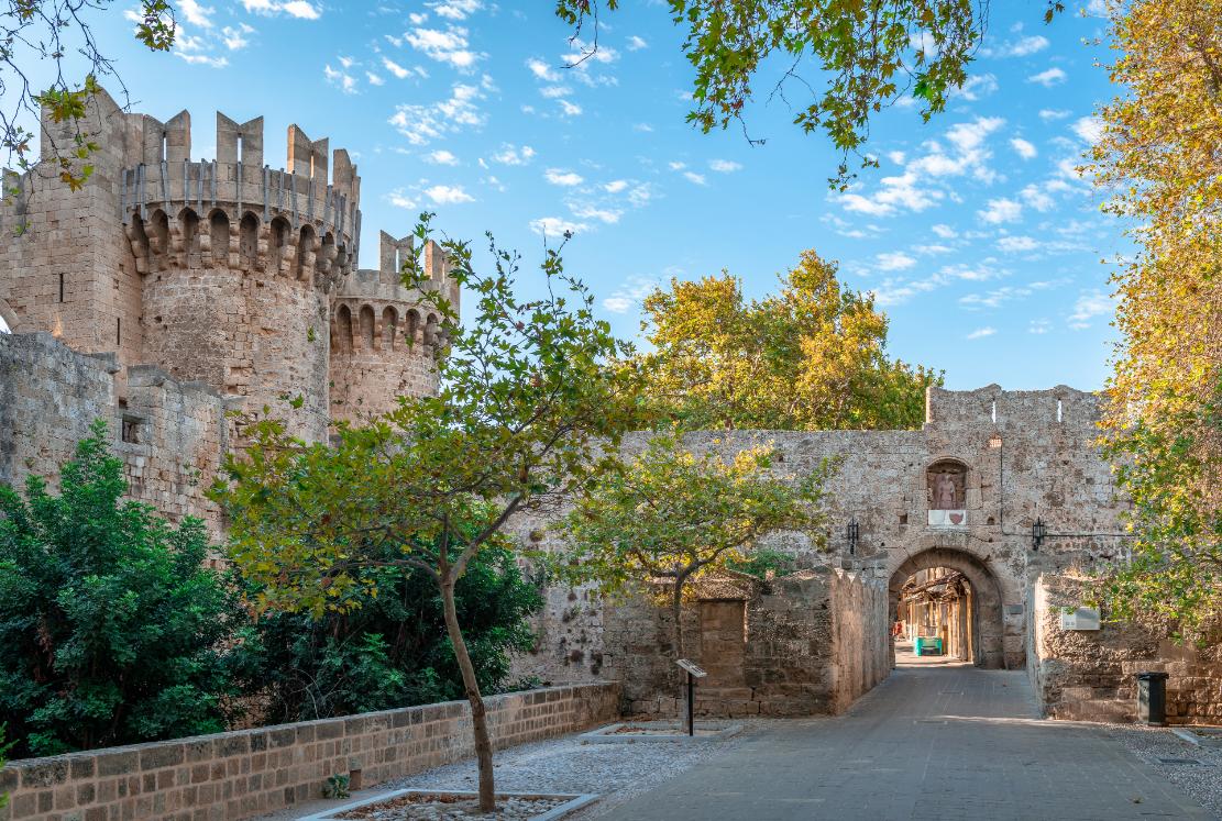 Medieval gate and stone walls of Rhodes Old Town fortress, UNESCO site in Rhodes Greece