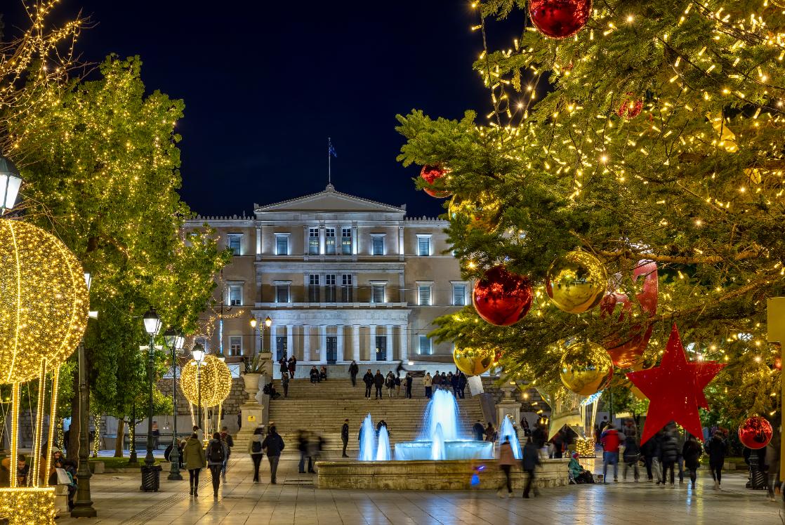 Syntagma Square Christmas lights and Greek Parliament building in Athens city center, Greece