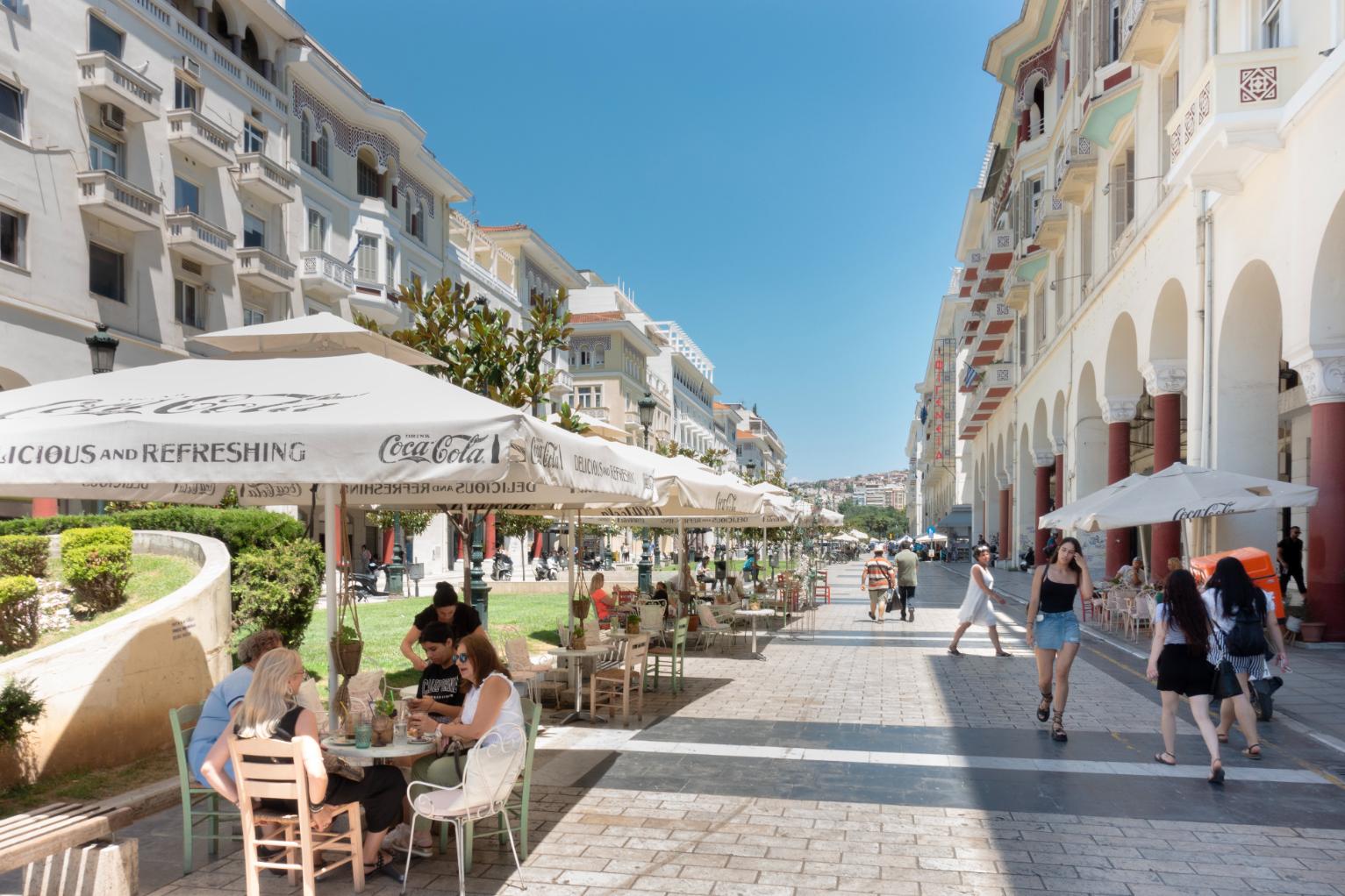 Cafés and pedestrian street at Aristotelous Square in Thessaloniki city center, Greece