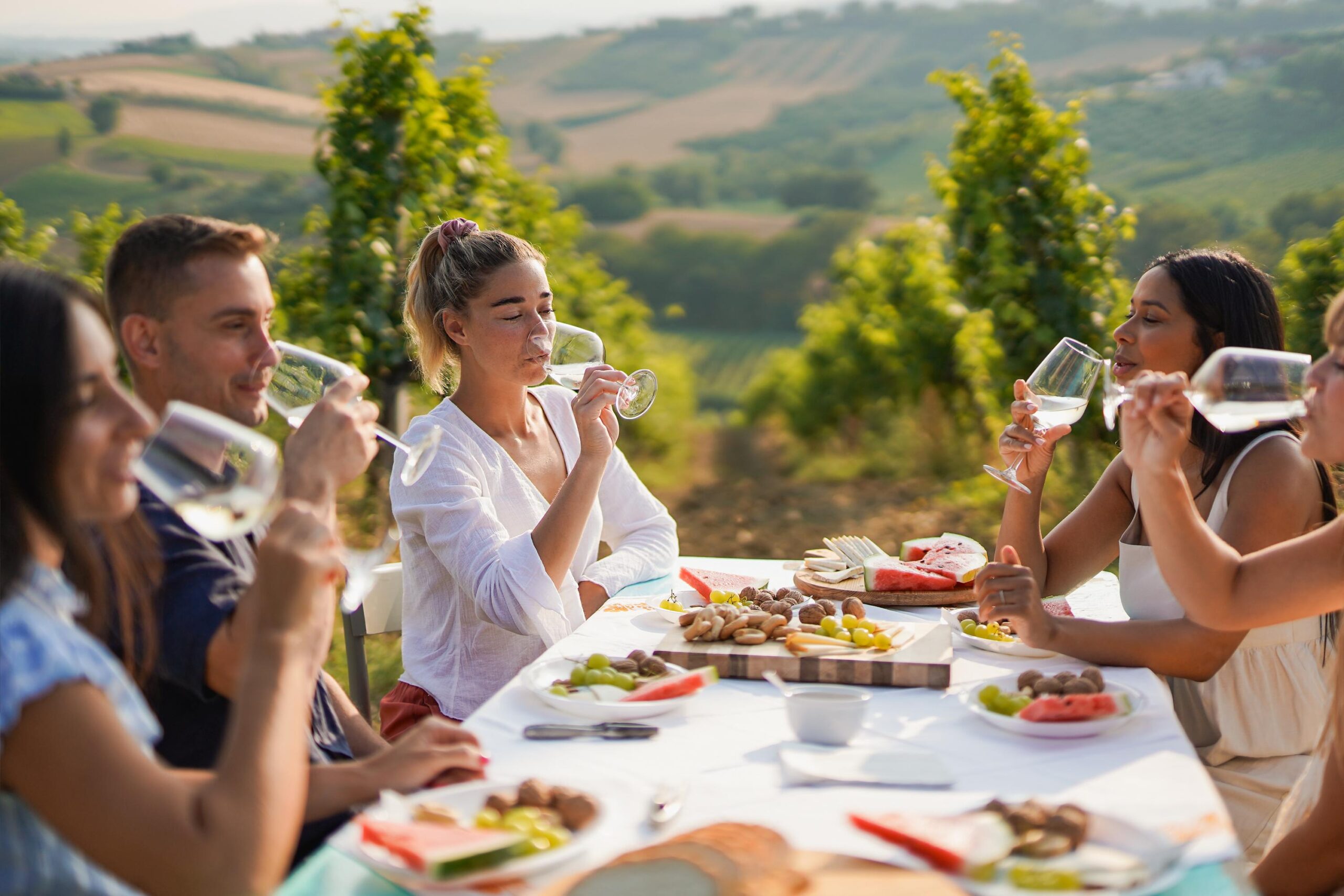 Wine tasting experience in vineyard countryside Greece friends enjoying local food